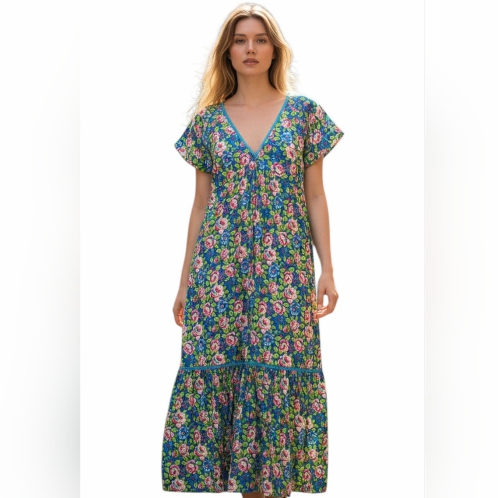 April Cornell Floral Hostess Maxi Dress Boho Cottagecore 100% Cotton Blue